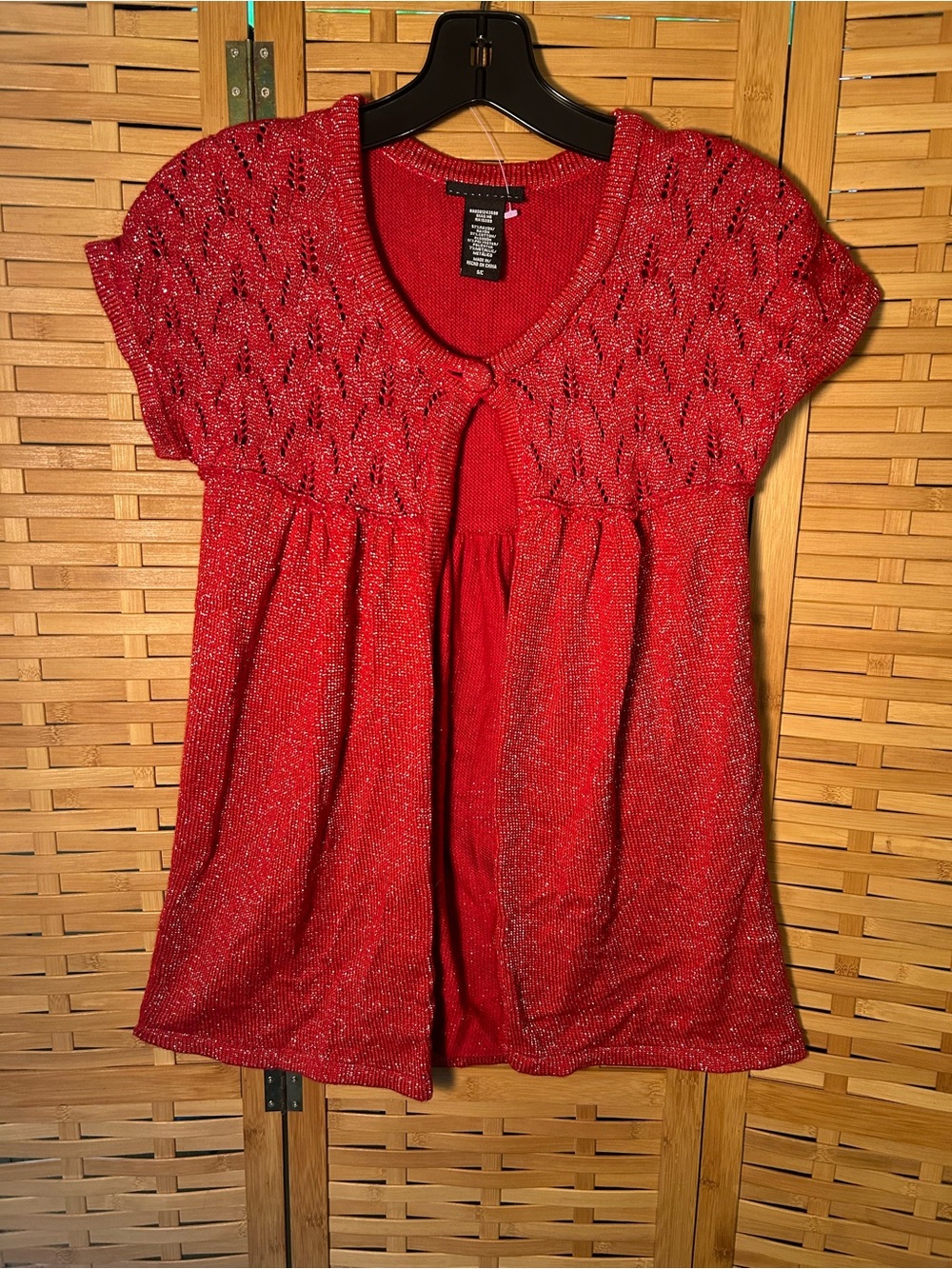 🔥3/$8- Apostrophe Shimmery Red Short-Sleeve Knit Bolero Cardigan
